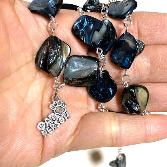 Blue Irregular Mother of Pearl Shell Necklace + Cat Person Paw Print Pendant - Picture 13 of 13